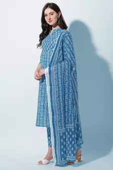 Turquoise ,White Block Printed Cotton Kurta With Pant and Dupatta Set