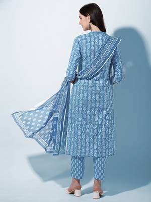 Turquoise ,White Block Printed Cotton Kurta With Pant and Dupatta Set 3