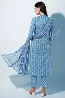 Turquoise ,White Block Printed Cotton Kurta With Pant and Dupatta Set