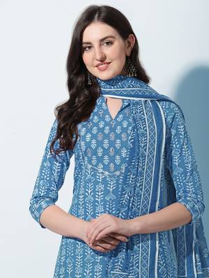 Turquoise ,White Block Printed Cotton Kurta With Pant and Dupatta Set 4