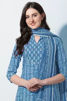 Turquoise ,White Block Printed Cotton Kurta With Pant and Dupatta Set