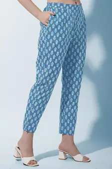 Turquoise ,White Block Printed Cotton Kurta With Pant and Dupatta Set
