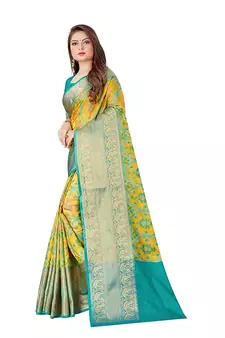 Yellow patola style silk blend zari & Threads work classic saree with Blouse