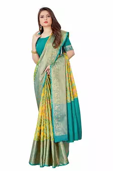 Yellow patola style silk blend zari & Threads work classic saree with Blouse