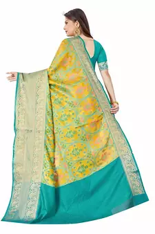 Yellow patola style silk blend zari & Threads work classic saree with Blouse