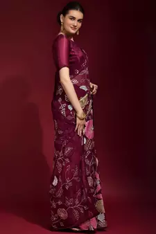 Maroon Embroidered Georgette Saree With Blouse