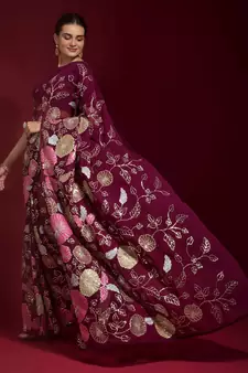 Maroon Embroidered Georgette Saree With Blouse