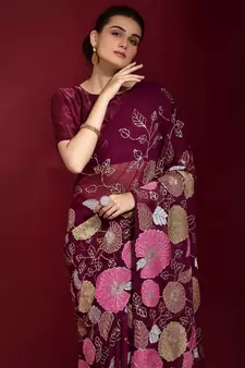 Maroon Embroidered Georgette Saree With Blouse