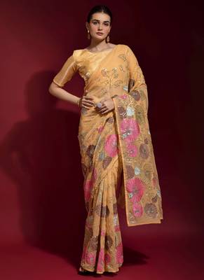 Dark Cream Embroidered Georgette Saree With Blouse 1