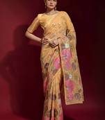 Dark Cream Embroidered Georgette Saree With Blouse