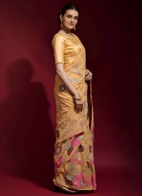 Dark Cream Embroidered Georgette Saree With Blouse 2