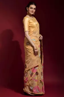 Dark Cream Embroidered Georgette Saree With Blouse