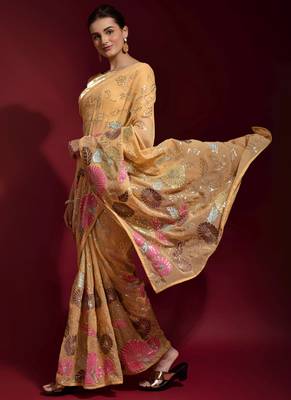 Dark Cream Embroidered Georgette Saree With Blouse 3
