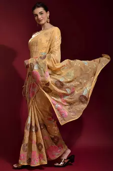 Dark Cream Embroidered Georgette Saree With Blouse