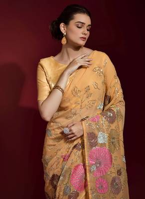 Dark Cream Embroidered Georgette Saree With Blouse 4