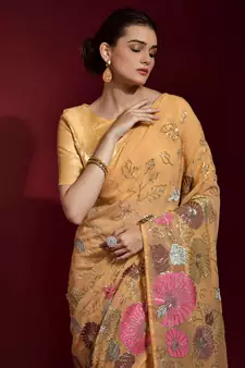 Dark Cream Embroidered Georgette Saree With Blouse