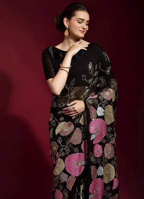 Black embroidered georgette saree with blouse 3