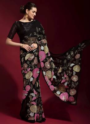 Black embroidered georgette saree with blouse 4