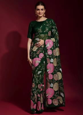 Dark Green Embroidered Georgette Saree With Blouse 1