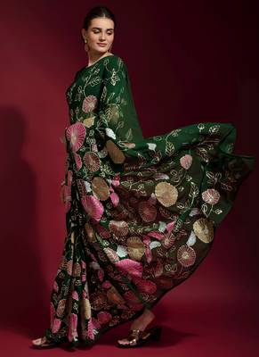 Dark Green Embroidered Georgette Saree With Blouse 2