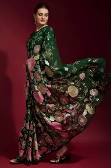 Dark Green Embroidered Georgette Saree With Blouse