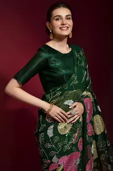 Dark Green Embroidered Georgette Saree With Blouse
