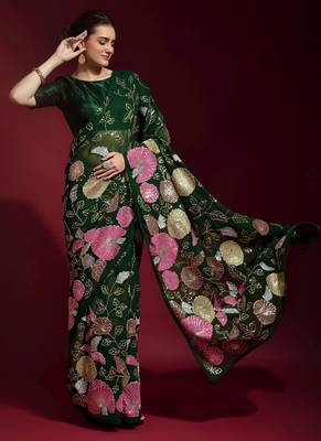 Dark Green Embroidered Georgette Saree With Blouse 4