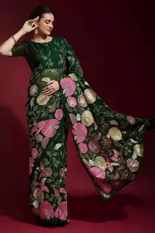 Dark Green Embroidered Georgette Saree With Blouse