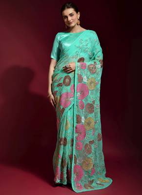Sky Blue Embroidered Georgette Saree With Blouse 1