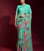 Sky Blue Embroidered Georgette Saree With Blouse