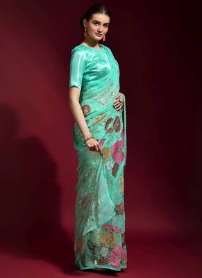 Sky Blue Embroidered Georgette Saree With Blouse 2