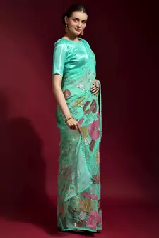 Sky Blue Embroidered Georgette Saree With Blouse