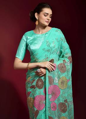 Sky Blue Embroidered Georgette Saree With Blouse 3