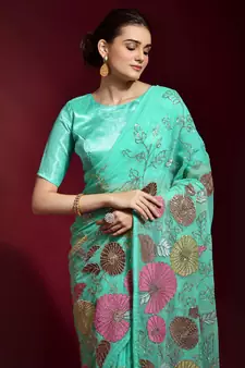 Sky Blue Embroidered Georgette Saree With Blouse
