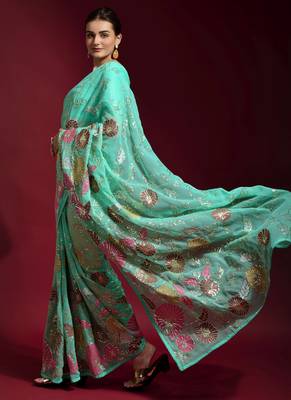 Sky Blue Embroidered Georgette Saree With Blouse 4