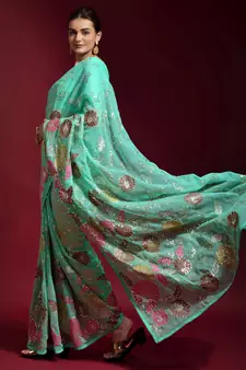 Sky Blue Embroidered Georgette Saree With Blouse