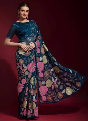 Royal Blue Embroidered Georgette Saree With Blouse 1