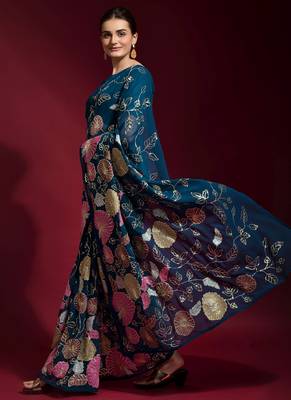 Royal Blue Embroidered Georgette Saree With Blouse 2