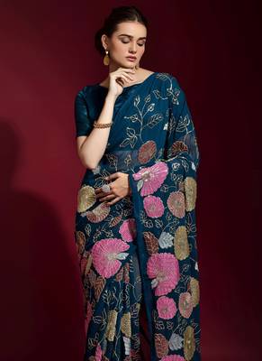 Royal Blue Embroidered Georgette Saree With Blouse 3