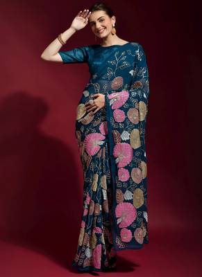 Royal Blue Embroidered Georgette Saree With Blouse 4