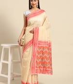 Cream printed cotton saree with blouse
