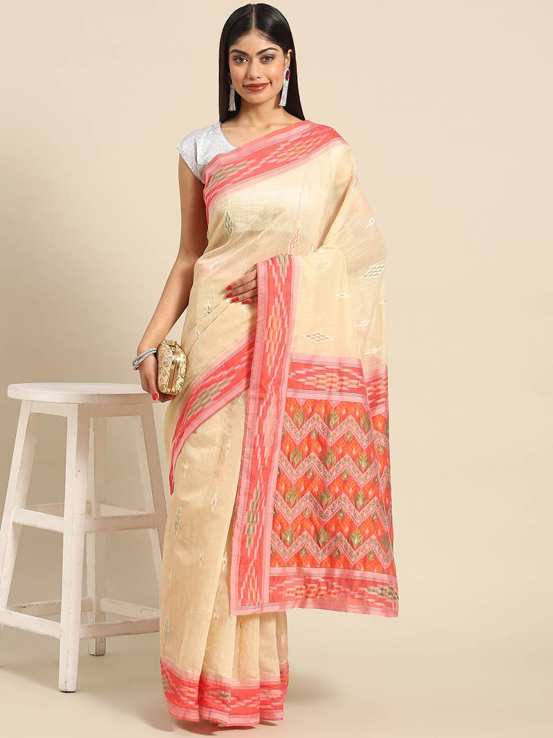 Cream printed cotton saree with blouse