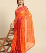 Orange printed chiffon saree with blouse
