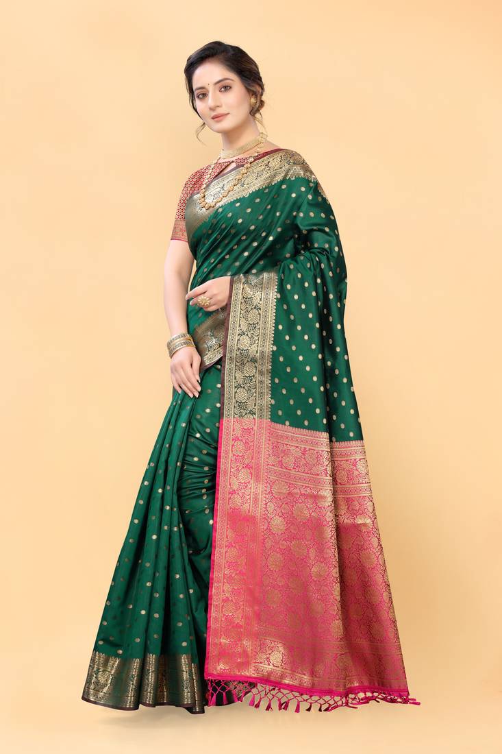 Green woven silk saree with blouse