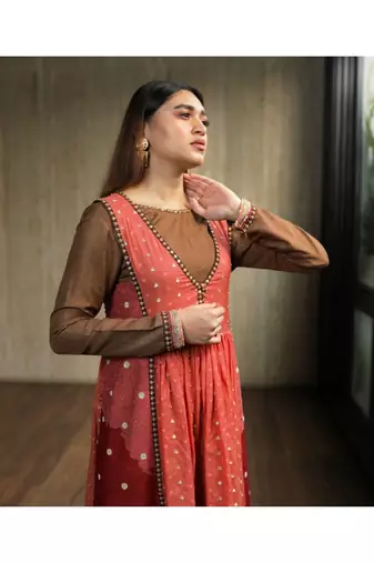 Embroidered Kurta With Brown Textured Top And Churridar