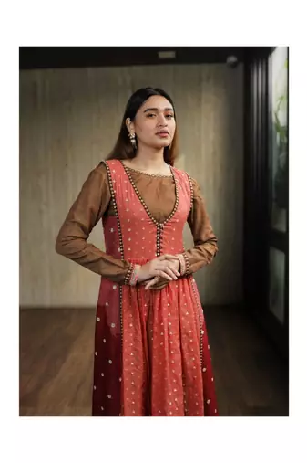 Embroidered Kurta With Brown Textured Top And Churridar