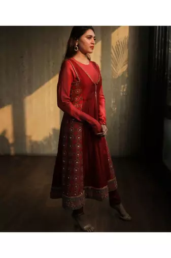 Embroidered Kurta With Hot Pink Crop Top