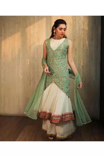Ivory Flare Kurta Set With Embroidered Bodycon Jacket