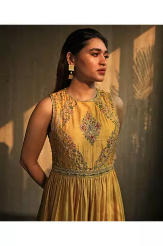 Yellow Cross Back Embroidered Kurta With Pallazos