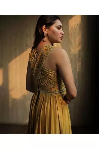 Yellow Cross Back Embroidered Kurta With Pallazos
